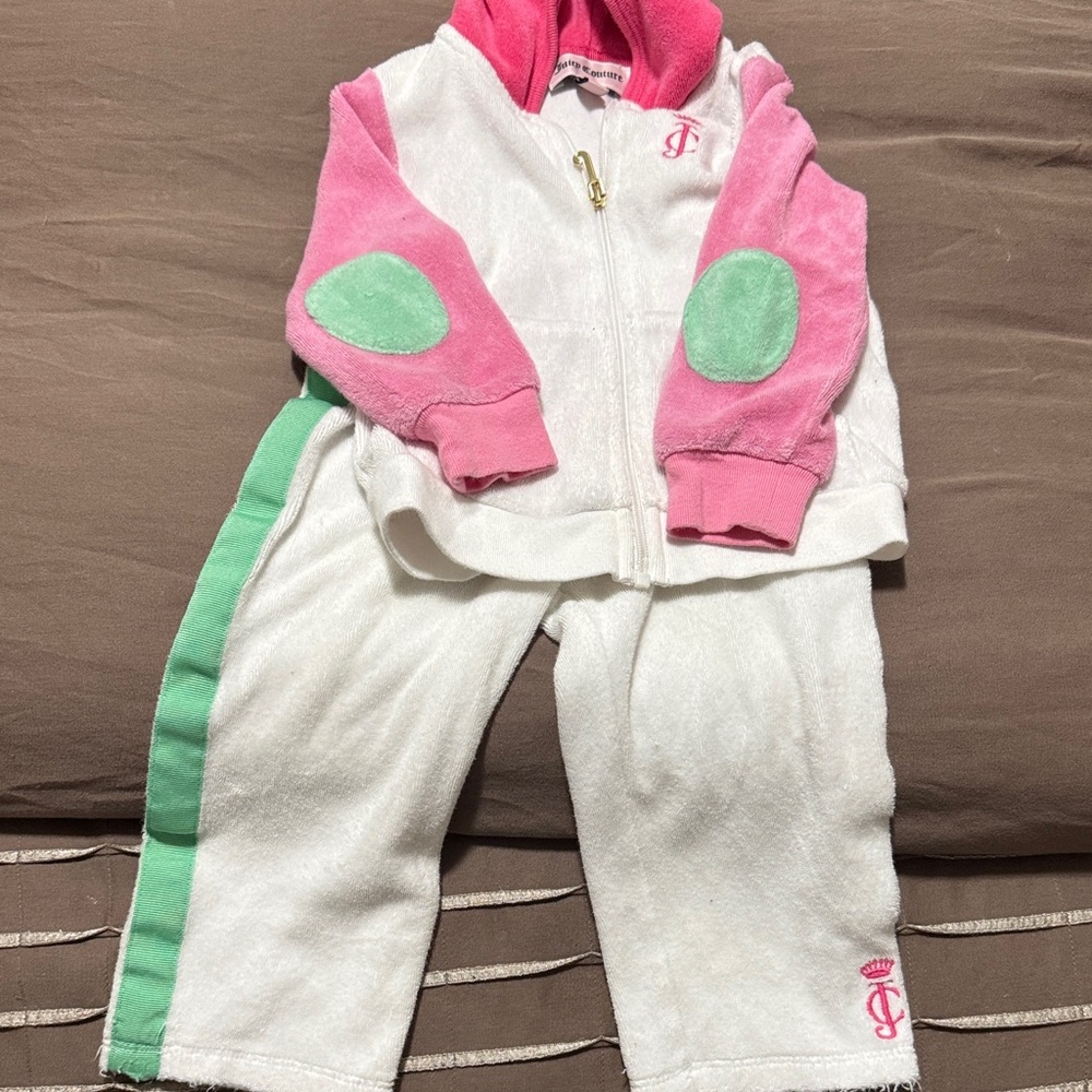 Juicy Couture White Terry Sweatpants & Pink Hooded Jacket with Mint Accents